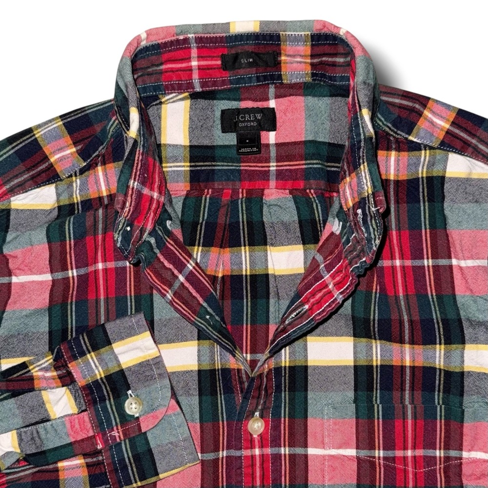 J.Crew Slim Oxford Shirt Mens Small Red Green Plaid Long Sleeve Button Down